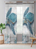 Sheer Curtains 84 Inches Long, Teal Green Sea Turtle Semi Sheer Curtains Light Filtering Window Treatment, Summer Ocean Seaweed Wood Grain Privacy Voile Drapes for Living Room Bedroom 52x84 Inch