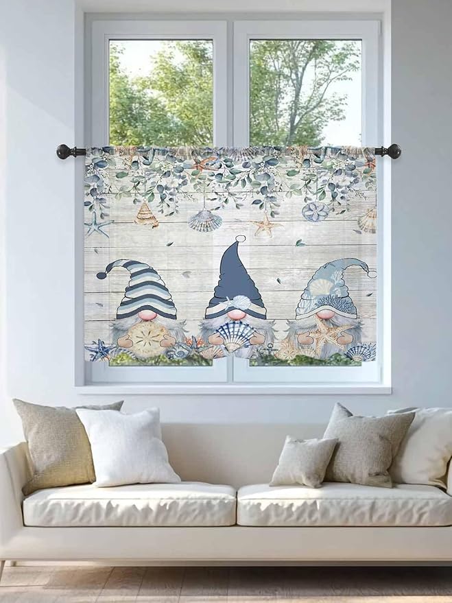 Sheer Curtains 54 Inch Length, Coastal Eucalyptus Leaf Semi Sheer Curtains Light Filtering Window Treatment, Ocean Blue Gnomes Starfish Wood Grain Privacy Voile Drapes for Living Room 52x54 Inch