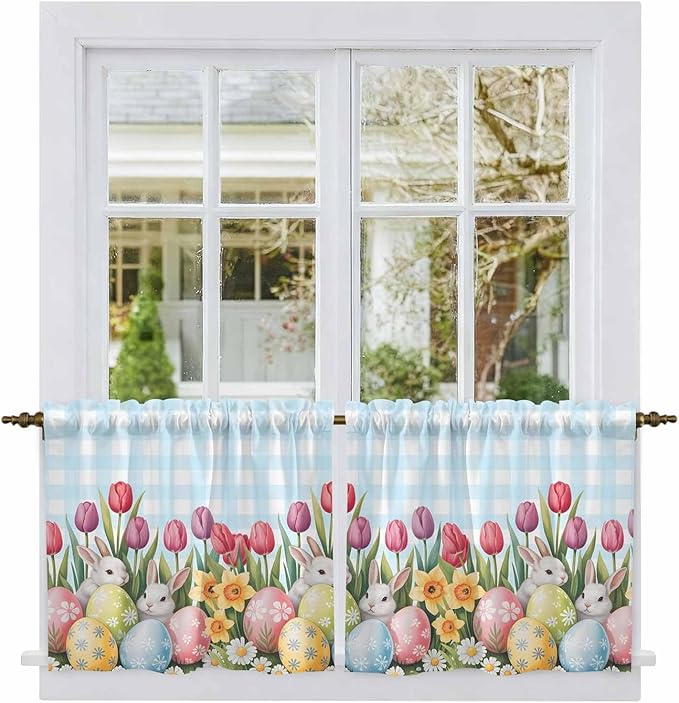 Easter Kitchen Tier Curtains 36 Inch Long 2 Panel Set,Rod Pocket Half Window Curtains Over Sink,Spring Bunny Colorful Eggs Tulip Flowers Blue Check Light Filtering Short Drapes Cafe 27.5"W x 36"L