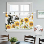Retro Farmhouse Floral Kitchen Curtains 24 Inch Length, Small Window Curtains Tab Top, Yellow Sunflowers Cows Butterfly Wood Light Filtering Short Window Treatments Tier Drapes 27.5"x24" 2 Panel