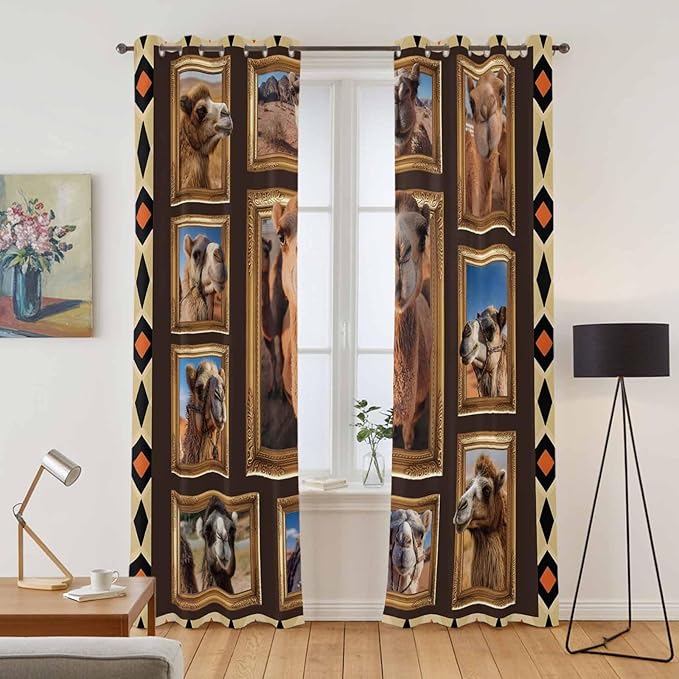 2 Panel Kitchen Cafe Curtains, Wildlife Camels Sunlight Filtering Nature Air Through, Home Decor Window Covering Tier Curtains for Living Room 80W x 84L inch Deserts Animals Brown Geometric Rustic