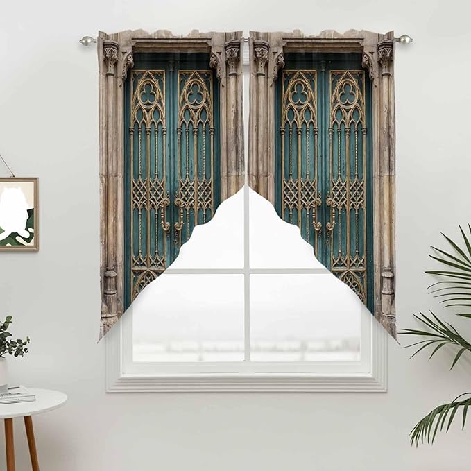 Turquoise Vintage Door Swag Valances for Windows, Countryside Barn Abstract Art Rod Pocket Kitchen Curtains Valance, Kitchen Window Curtains Swag for Cafe Bathroom Living Room, 2 Panels, 36x63 inch