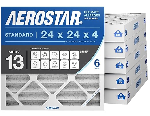 Aerostar 24x24x4 MERV 13 - 6 Count - Pleated HVAC, Furnace & Air Conditioner Filters - Removes Bacteria, Dust, Cold & Flu Germs, Lint, Mold, Pet Dander, Allergy-Causing Pollen, Smog, Smoke & Viruses