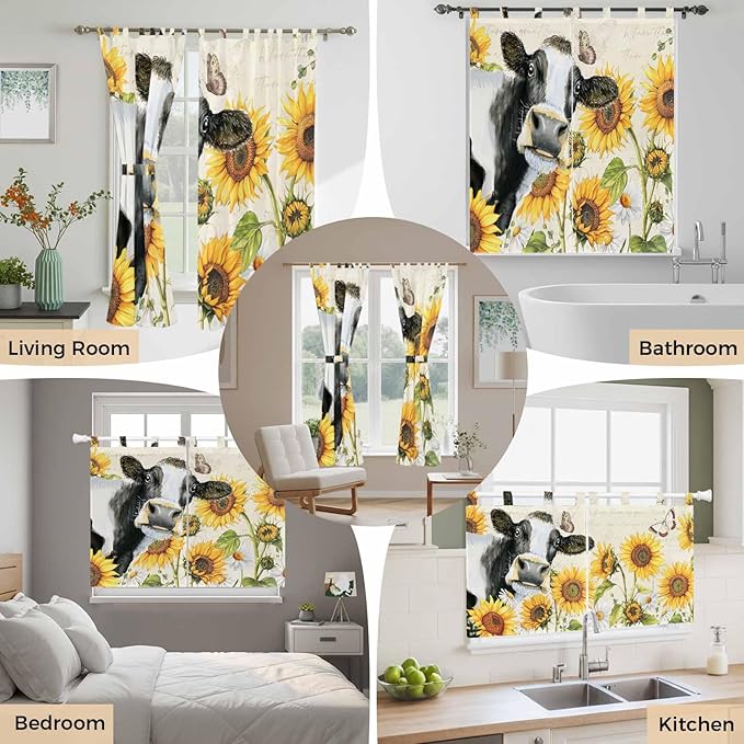 Yellow Sunflowers Living Room Curtains 96 Inch Length, Window Curtains Tab Top, Country Cow Flower Butterfly Farmhouse Cream Light Filtering Window Treatments Drapes 52"x96" 2 Panel