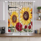 Red Yellow Sunflowers Living Room Curtains 84 Inch Length, Window Curtains Tab Top, Retro Rustic Barn Doors Butterfly Brown Light Filtering Window Treatments Drapes 52"x84" 2 Panel