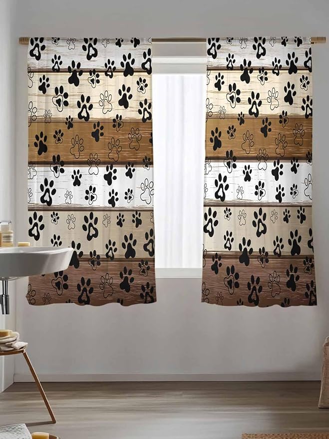 Sheer Curtains 63 Inch Length, Brown Beige Farmhouse Semi Sheer Curtains Light Filtering Window Treatment, Black Dog Paw Vintage Wooden Privacy Voile Drapes for Living Room Bedroom 52x63 Inch