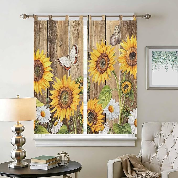 Farmhouse Sunflowers Bathroom Curtains 63 Inch Length, Window Curtains Tab Top, Rustic Floral Buttterfly Wood Board Brown Light Filtering Window Treatments Drapes 52"x63" 2 Panel