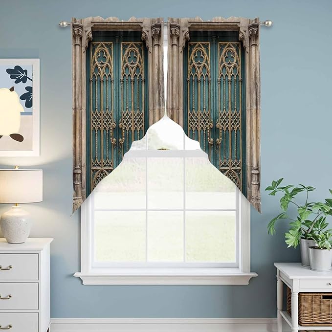 Turquoise Vintage Door Swag Valances for Windows, Countryside Barn Abstract Art Rod Pocket Kitchen Curtains Valance, Small Window Curtains Swag for Cafe Bathroom Living Room, 2 Panels, 28x36 inch