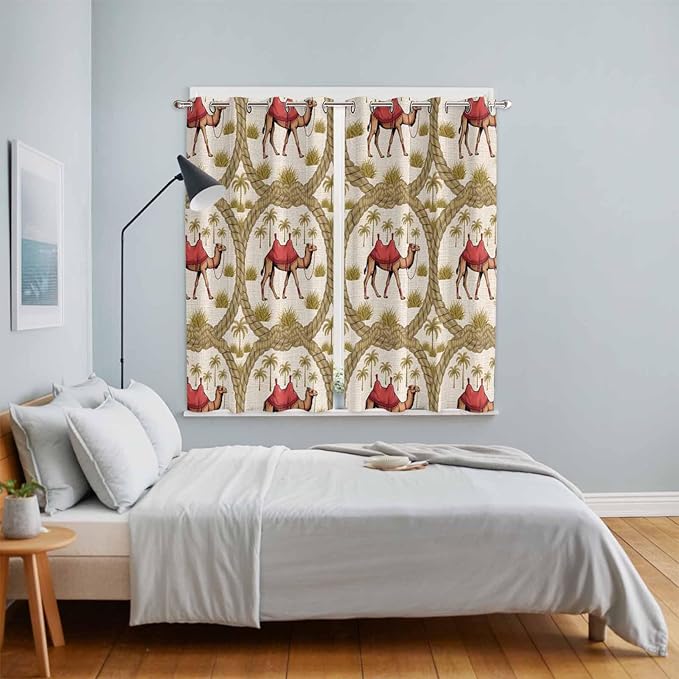 2 Panel Kitchen Cafe Curtains, Camels Palm Trees Sunlight Filtering Nature Air Through, Window Decor Tier Curtains for Living Room 80W x 63L inch Desert Date Coconut Trees Leaves Cords Beige