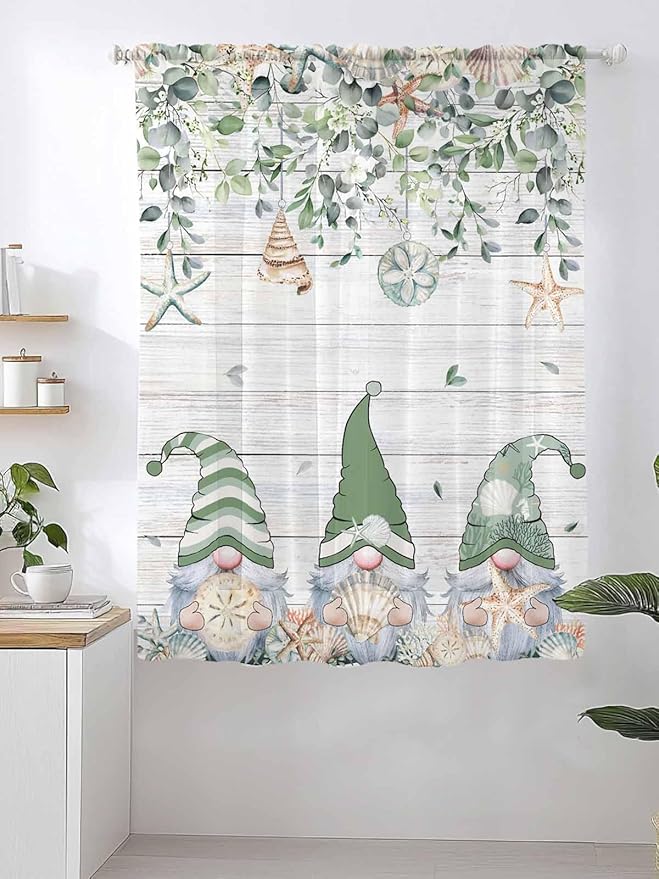 Sheer Curtains 63 Inch Length, Coastal Eucalyptus Leaf Semi Sheer Curtains Light Filtering Window Treatment, Sage Green Gnomes Starfish Privacy Voile Drapes for Living Room Bedroom 52x63 Inch
