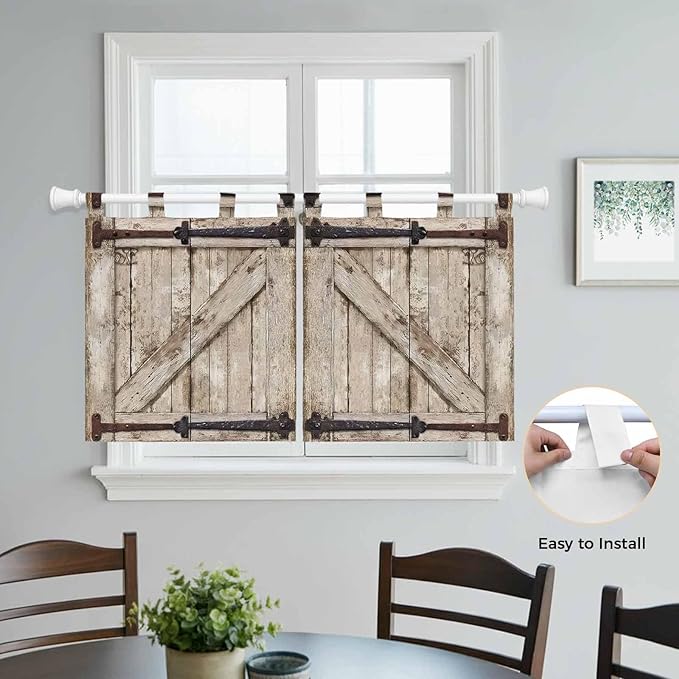 Farmhouse Wood Grain Kitchen Curtains 36 Inch Length, Small Window Curtains Tab Top, Vintage Country Barn Gate Brown Light Filtering Short Window Treatments Tier Drapes 27.5"x36" 2 Panel