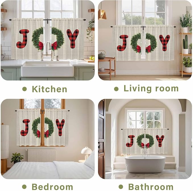 Red Green Christmas Kitchen Curtains 45 Inch Long 2 Panel Set, Rod Pocket Window Treatment, Farmhouse Xmas Botanical Winter Light Filtering Short Curtains & Drapes for Bathroom Laundry 52"W x 45"L