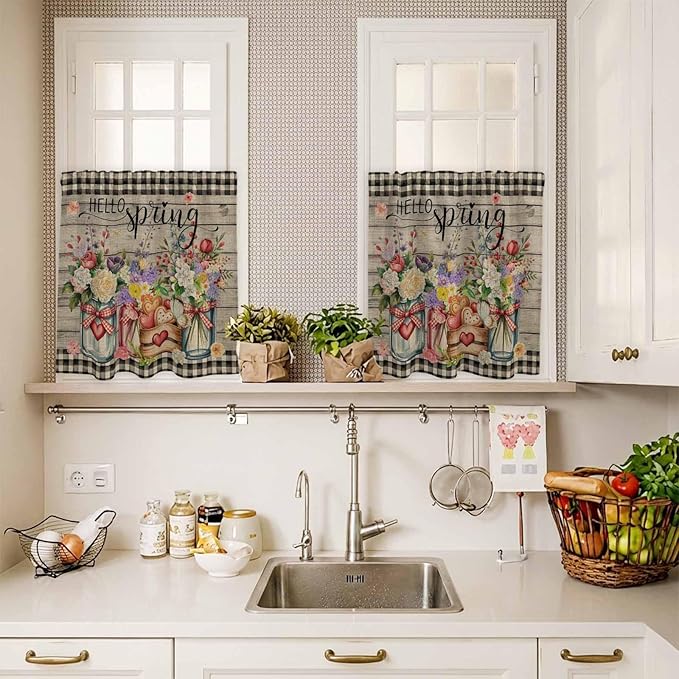 Spring Flowers Kitchen Curtains Set 3 Piece for Windows, Rod Pocket Valance and Tier Set 36 Inch Length, Farmhouse Vintage Black Plaid Wood Grain Light Filtering Cafe Curtains for Living Room Bathroom