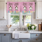 Pink Easter Curtain Valances for Windows, Kitchen Valance Window Treatment, Easter Bunny Eggs Spring Cartoon Farmhouse Wood Grain Light Filter Block Curtains for Bathroom/Bedroom/Living Room 42''x12''