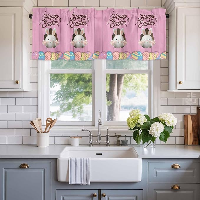 Pink Easter Curtain Valances for Windows, Kitchen Valance Window Treatment, Easter Bunny Eggs Spring Cartoon Farmhouse Wood Grain Light Filter Block Curtains for Bathroom/Bedroom/Living Room 42''x12''