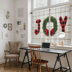 Christmas Wreaths Kitchen Curtains 45 Inch Long 2 Panel Set, Rod Pocket Window Treatment, Winter Bow Plaid Farmhouse Wooden Grain Light Filtering Panels Short Drapes for Bathroom Camper 42"W x 45"L