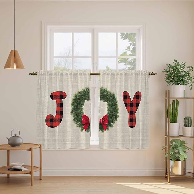 Red Green Christmas Kitchen Curtains 45 Inch Long 2 Panel Set, Rod Pocket Window Treatment, Farmhouse Xmas Botanical Winter Light Filtering Panels Short Drapes for Bathroom Camper 42"W x 45"L