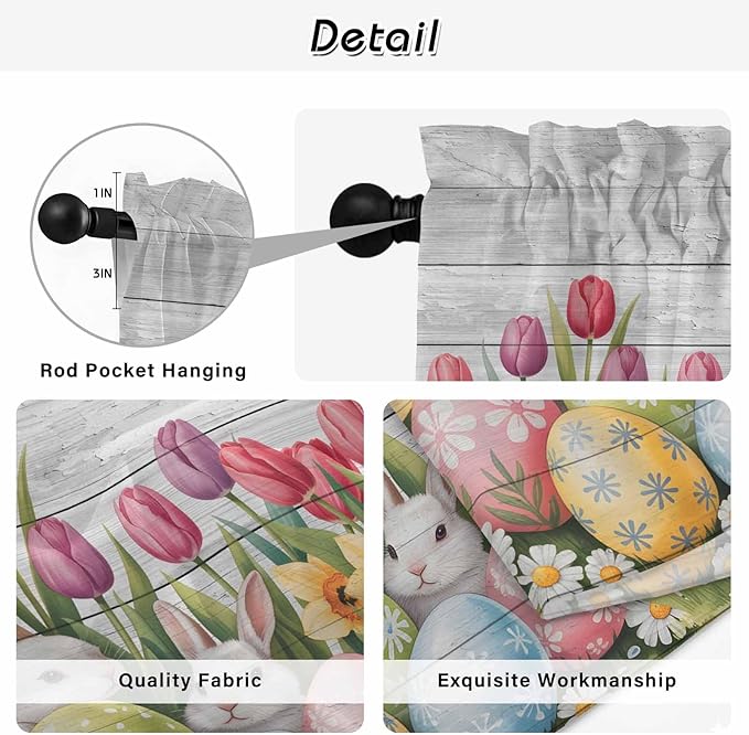 Easter Kitchen Tier Curtains 36 Inch Long 2 Panel Set,Rod Pocket Half Window Curtains Over Sink,Retro Spring Bunny Eggs Tulip Farm Wooden Grain Light Filtering Short Drapes Cafe 27.5"W x 36"L