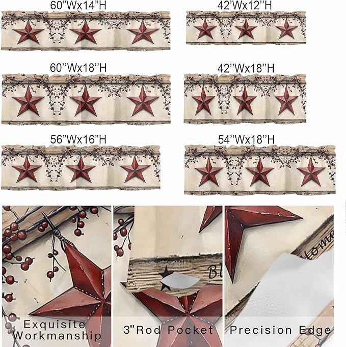 Farmhouse American Valances for Windows, Country Star Berries Vintage Wood Grain Kitchen Valance Light Filtering Rod Pocket Short Curtains for Kitchen Bathroom, 1 Panel, 42"x18"
