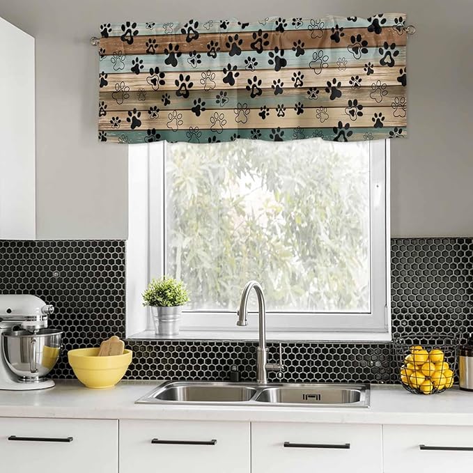Dog Paws Valance Curtains for Kitchen, Teal Brown Wood Grain Privacy Rod Pocket Valance Curtain, Light-Filtering Window Treatment for Bedroom Bathroom, 60"x14"