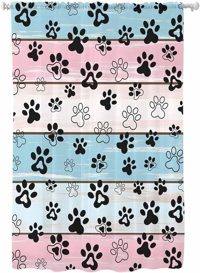 Sheer Curtains 72 Inches Long, Blue Pink Dog Paws Prints Semi Sheer Curtains Light Filtering Window Treatment, Farmhouse Beige Wood Privacy Voile Drapes for Living Room Bedroom 52x72 Inch