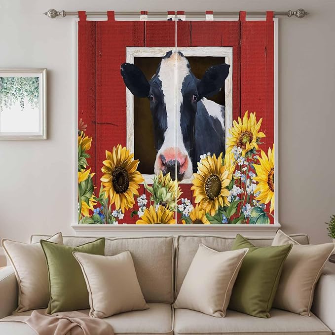 Cow Sunflowers Living Room Curtains 84 Inch Length, Window Curtains Tab Top, Botanical Floral Leaves Bees Farm Barn Light Filtering Window Treatments Drapes 42"x84" 2 Panel
