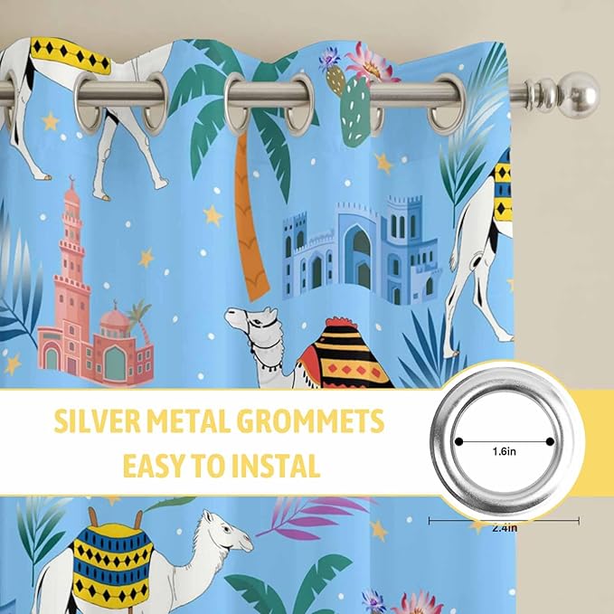 2 Panel Kitchen Cafe Curtains, Desert Landscape Sunlight Filtering Nature Air Through, Window Decor Tier Curtains for Living Room 104W x 84L inch Cute Camels Palm Trees Houses Leaves Blue