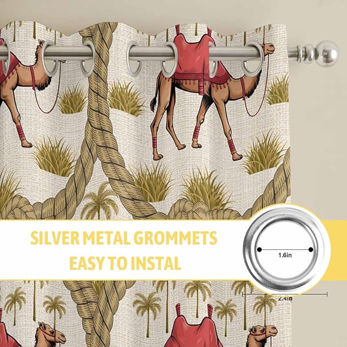 2 Panel Kitchen Cafe Curtains, Camels Palm Trees Sunlight Filtering Nature Air Through, Window Decor Tier Curtains for Living Room 104W x 63L inch Desert Date Coconut Trees Leaves Cords Beige