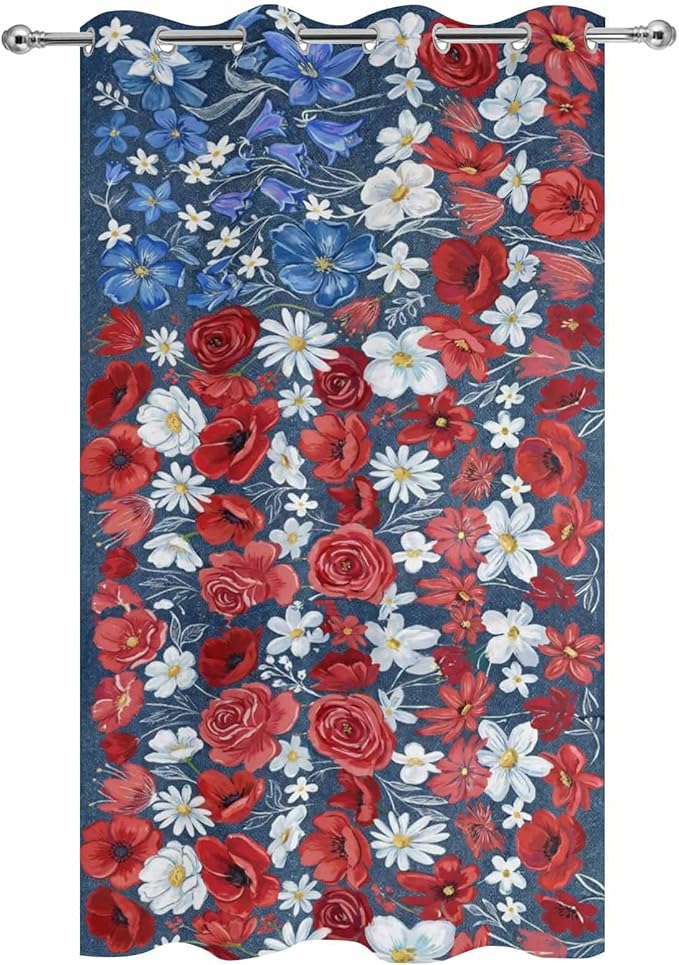 4th of July Outdoor Curtains for Patio Patriotic Flowers Farmhouse Red Waterproof Outside Curtains with Grommet Top Weatherproof Curtain for Cabana Pergola Gazebo, 1 Panel, 54" W x 84" L
