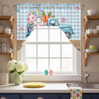 Swag Valance Curtains, Easter Truck with Rabbit Eggs Carrot Rod Pocket Valances Swag Topper for Kitchen Windows, Wood Barn and Blue Checker Light Filtering Short Curtain for Bedroom Bathroom 56x36In