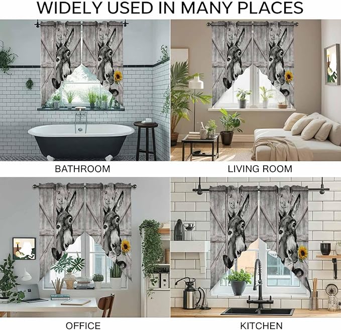 Funny Farm Animals Swag Valances for Windows, Vintage Barn Grey Sunflowers Rod Pocket Kitchen Curtains Valance, Small Window Curtains Swag for Cafe Bathroom Living Room, 2 Panels, 28x36 inch