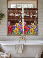 Spring Flowers Kitchen Curtains 45 Inches length, Watercolor Farmhouse Colorful Wooden Grain Window Treatment Curtain Drapes, Lightweight Window Panels for Living Room Bedroom, 52"x45", 2 Panels