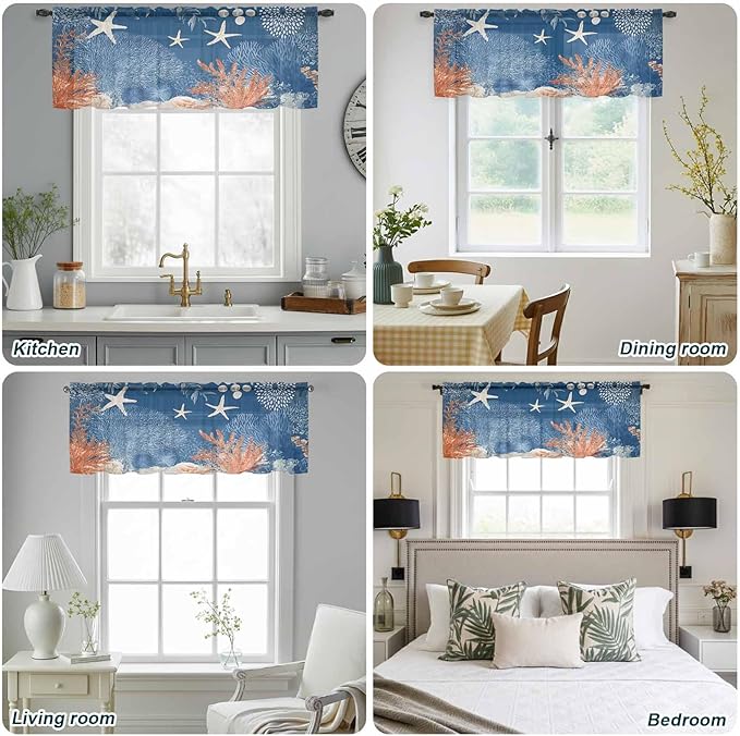 Ocean Corals Sheer Valance Curtains, Summer Beach Coral Sea Stars Dark Blue Light Filtering Kitchen Valances Rod Pocket Voile Curtain Window Treatment for Bedroom/Living Room/Basement 42Wx18L
