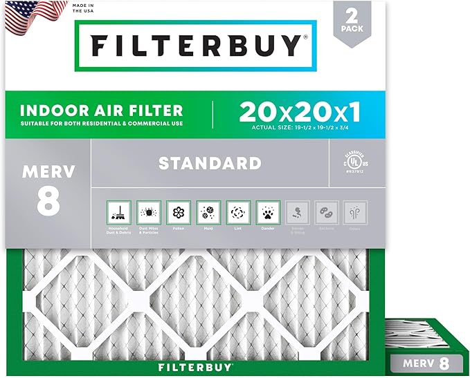 Filterbuy 20x20x1 Air Filter MERV 8 Essential Dust & Allergy Defense (2-Pack), Electrostatic Pleated HVAC AC Furnace Filters Replacement, Made in USA (Actual Size: 19.50 x 19.50 x 0.75)