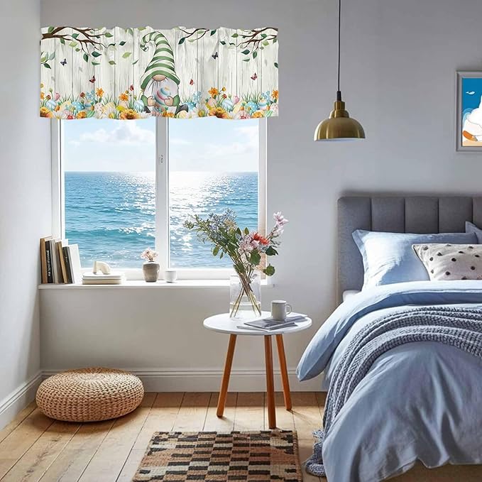 Easter Gnomes Curtain Valances for Windows, Kitchen Valance Window Treatment, Spring Watercolor Eggs Flower Wood Grain Light Filtering Block Curtains for Bathroom/Bedroom/Living Room 42'' x 12''