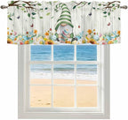 Easter Gnomes Curtain Valances for Windows, Kitchen Valance Window Treatment, Spring Watercolor Eggs Flower Wood Grain Light Filtering Block Curtains for Bathroom/Bedroom/Living Room 54'' x 18''