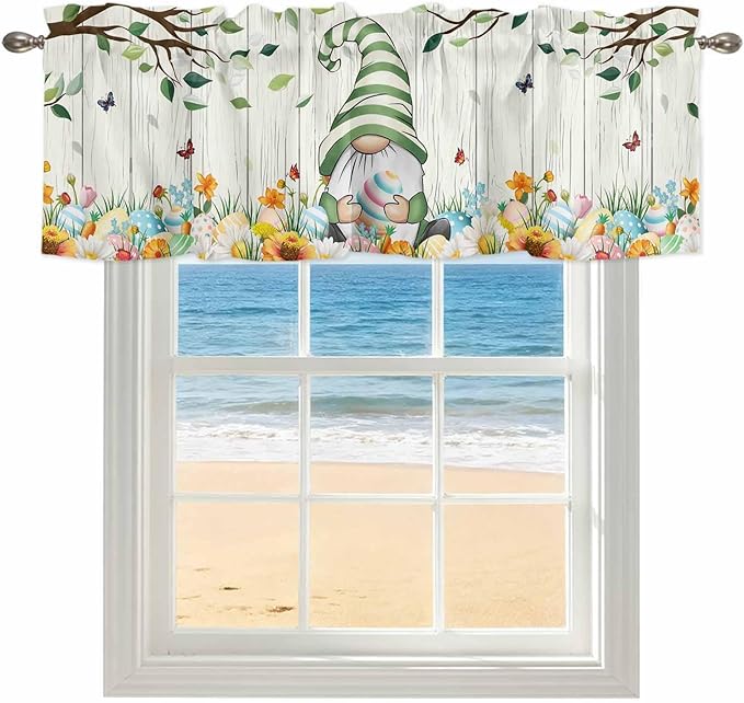 Easter Gnomes Curtain Valances for Windows, Kitchen Valance Window Treatment, Spring Watercolor Eggs Flower Wood Grain Light Filtering Block Curtains for Bathroom/Bedroom/Living Room 60'' x 18''