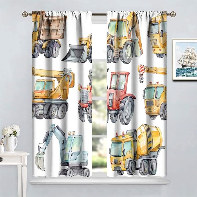 Kids Excavator Curtains, Retro Truck Tractor Machinery Construction Vehicle Crane Digger Mixer Rod Pocket Decorative Windows Curtain for Teens Girls Boys Room 42x54in (30% Blackout)