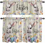 Easter Grey Bunny Kitchen Curtains Set 3 Piece for Windows,Rod Pocket Valance and Tier Set 24 Inch Length,Spring Colorful Eggs Flower Wooden Grain Light Filtering Cafe Curtains for Living Room
