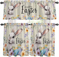 Easter Grey Bunny Kitchen Curtains Set 3 Piece for Windows,Rod Pocket Valance and Tier Set 36 Inch Length,Spring Colorful Eggs Flower Wooden Grain Light Filtering Cafe Curtains for Living Room