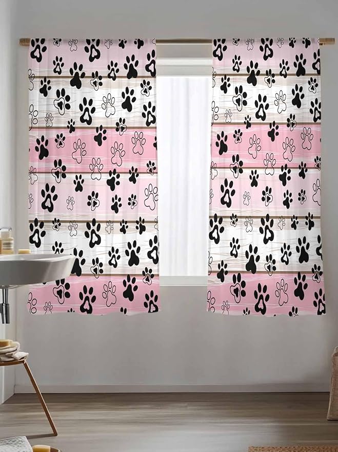 Sheer Curtains 72 Inches Long, Pink Beige Paw Print Semi Sheer Curtains Light Filtering Window Treatment, Vintage Farmhouse Country Wooden Grain Privacy Voile Drapes for Living Room Bedroom 52x72 Inch