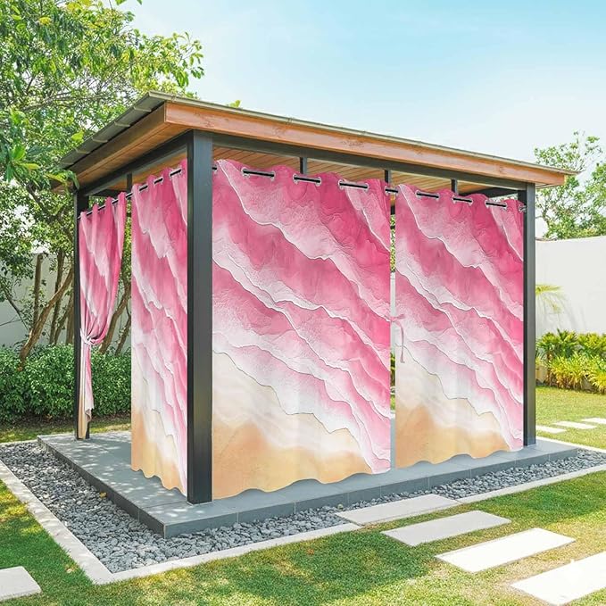 Ocean Outdoor Curtains for Patio Beach Waves Watercolor Abstract Gradient Pink Waterproof Outside Curtains with Grommet Top Weatherproof Curtain for Cabana Pergola Gazebo, 1 Panel, 54" W x 95" L