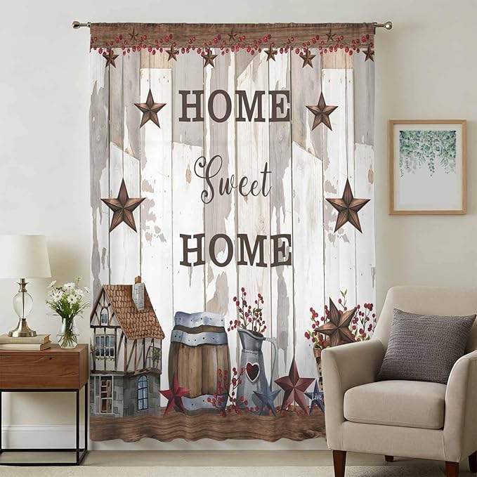Farmhouse Sheer Curtains 96 Inch Length Retro Country Star Berry Vintage Wood Grain Chiffon Curtain for Bedroom Living Room Light Filtering Rod Pocket Window Treatments Voile Curtains Drapes