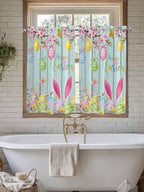 Happy Easter Kitchen Curtains 54 Inches Length, Spring Bunny Eggs Flower Teal Wood Grain Window Treatment Curtain Drapes, Decorative Window Curtains for Bedroom Cafe, 52"x54", 2 Panels
