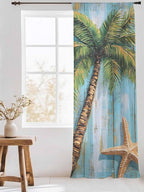 Sheer Curtains 96 Inches Long, Coastal Beach Tree Semi Sheer Curtains Light Filtering Window Treatment, Summer Tropical Starfish Wood Grain Privacy Voile Drapes for Living Room Bedroom 52x96 Inch