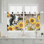 Retro Farmhouse Flower Kitchen Curtains 24 Inch Length, Small Window Curtains Tab Top, Yellow Sunflowers Cow Barn Doors Brown Light Filtering Short Window Treatments Tier Drapes 27.5"x24" 2 Panel