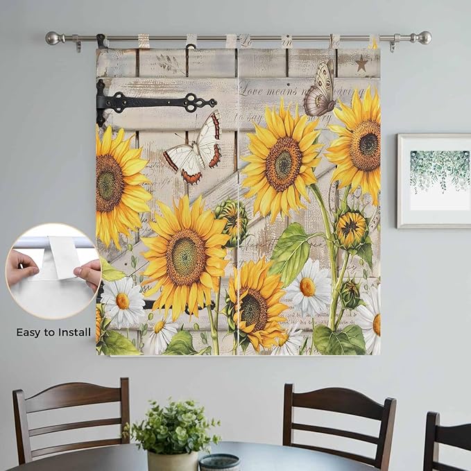 Farm Flowers Bedroom Curtains 72 Inch Length, Window Curtains Tab Top, Retro Sunflowers Barn Doors Butterfly Wood Board Light Filtering Window Treatments Drapes 52"x72" 2 Panel