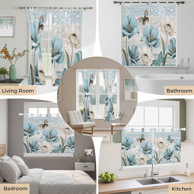 Spring Floral Bedroom Curtains 72 Inch Length, Window Curtains Tab Top, Vintage Tulips Flower Butterfly Retro Wood Blue Light Filtering Window Treatments Drapes 52"x72" 2 Panel