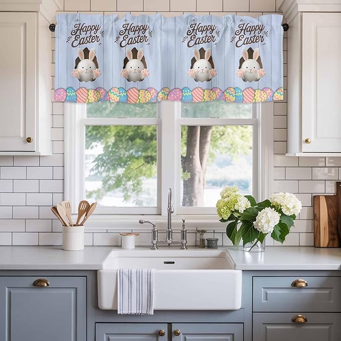 Blue Easter Curtain Valances for Windows, Kitchen Valance Window Treatment, Spring Cartoon Bunny Colorful Eggs Wood Grain Light Filtering Block Curtains for Bathroom/Bedroom/Living Room 54'' x 18''