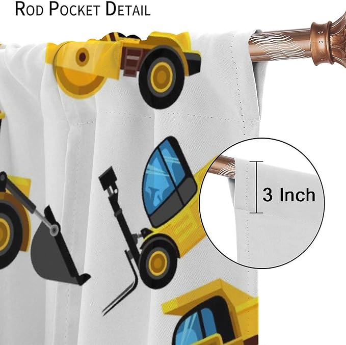 Kids Construction Equipment Window Curtains, Excavator Tractor Tow Truck Rod Pocket Decorative Windows Curtain for Children Teens Boys Girls Room Decor 42x45in (30% Blackout)